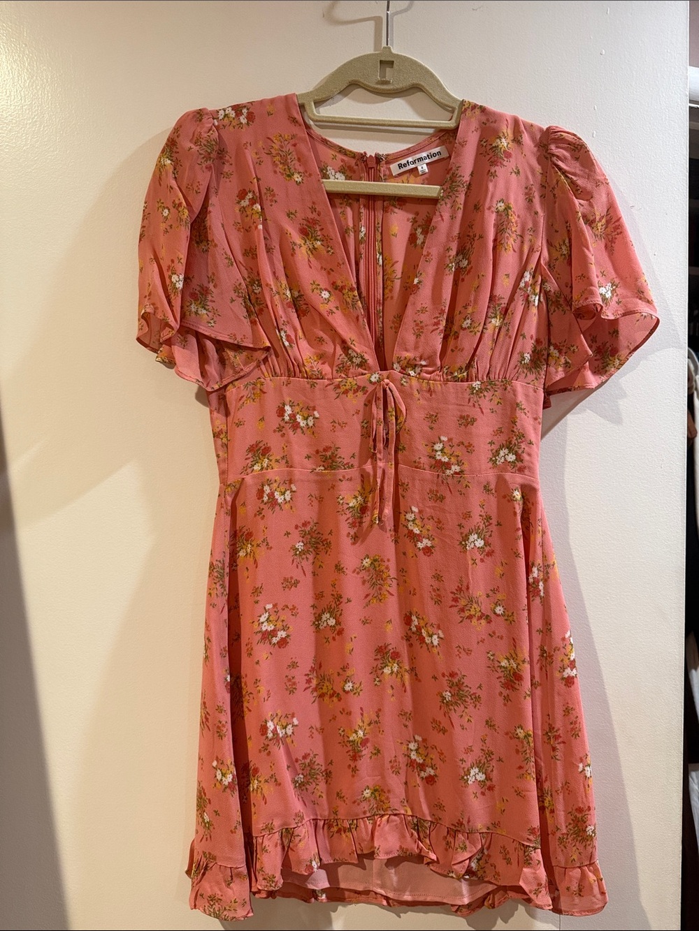 Reformation Floral Pink Short Sleeve V-Neck Dress